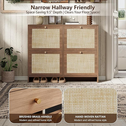 Nicetree Shoe Cabinet Storage for Entryway, 4-Flip Drawer Narrow Shoe Rack, Organic Modern Rattan Shoe Organizer with Gold Legs, Shoe Organizer Fits Men's Size 13.5, Toasted Caramel Walnut