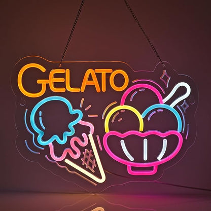Gelato Neon Sign, Neon Lights Hanging Wall Art Decoration for Restaturant Shop Food Truck Market Bakeries Café Celebration Home Decor, USB Powered Ultra Bright Dimmable,15.75×11.8inches