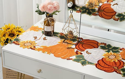 Thanksgiving Table Runner Embroidery Cutout Pumpkin Fall Table Runners Kitchen Decor Party Table Decorations 16x72 inch