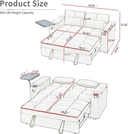 65" Cloud Couch Sleeper Sofa Bed with USB Charging Port & Side Pocket, Chenille Fabric Pull-Out Sofa with Thick Cushions, High Resilience Foam & Pillows for Living Room, Apartment, Small Spaces