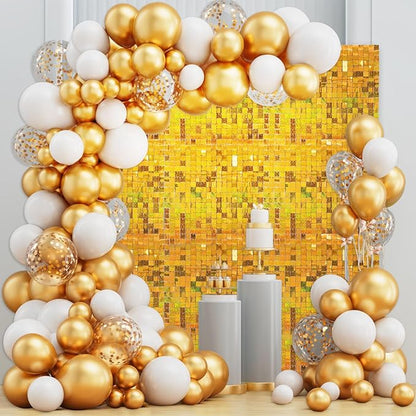 48 PCS Gold Shimmer Wall Backdrop, Laser Square Sequin Photo Backdrops Panel, Glitter Wall Background for Birthdays, Weddings, Halloween, Engagements, Disco Bachelorette Party Decoration (6FTx8FT)