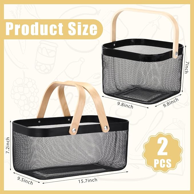 Zonon 4 Pack Picnic Harvest Baskets, 2 Size Metal Mesh Harvest Storage Basket with Foldable Wooden Handle, Rectangle Durable Vegetables Fruit Basket for Garden Bathroom Kitchen Organizing, Black