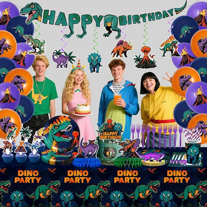 185PCS Dinosaur Birthday Party Decorations, Dinosaur Party Supplies Plates and Napkins Set, Dino Tableware, Banner, Hanging Swirls, Tablecloth, Cake Cupcake Topper, Ballons Cutlery Sets