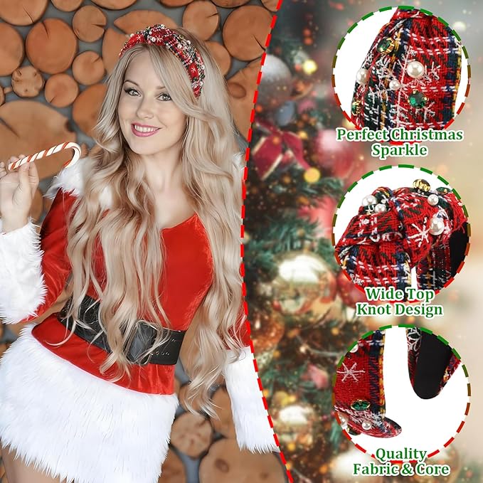 2 Pcs Christmas Headbands for Women Pearl Rhinestone Knot Headband Crystal Jeweled Hair Band Wide Top Knotted Headband Christmas Hair Accessories Holiday Party Outfits Decorations(Snowflake Plaid)