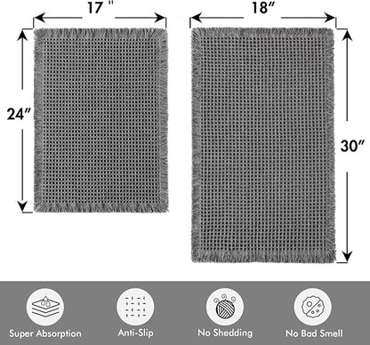 MIULEE Set of 2 Waffle Bathroom Rugs, Boho Bath Rugs Non Slip Washable, Super Absorbent Bath Mats, Ultra Soft Rubber Backed Shower Mats for Bathroom Floor, Tub, Dark Grey, 17"x24"+18"x30"