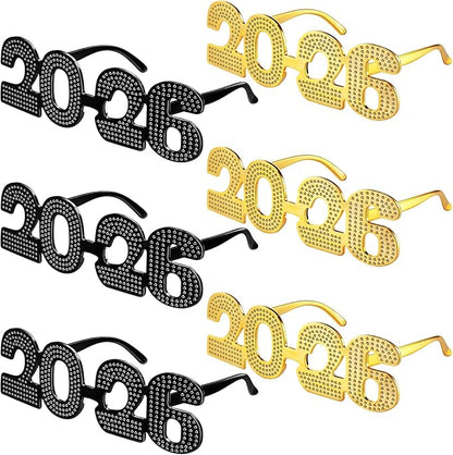 Konohan 6 Pcs 2026 New Year Eve Glasses Glitter Number Sunglasses Eyeglasses for New Years Party Supplies Festival Photo Prop (Gold Black)