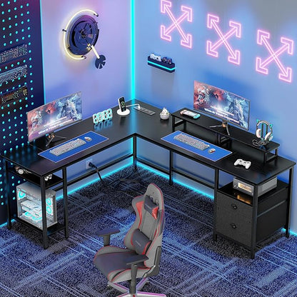 Furologee 66” L Shaped Desk with Power Outlet, Reversible Computer Gaming Desk with File Drawer & 2 Monitor Stands for Home Office with Storage Shelves, Black