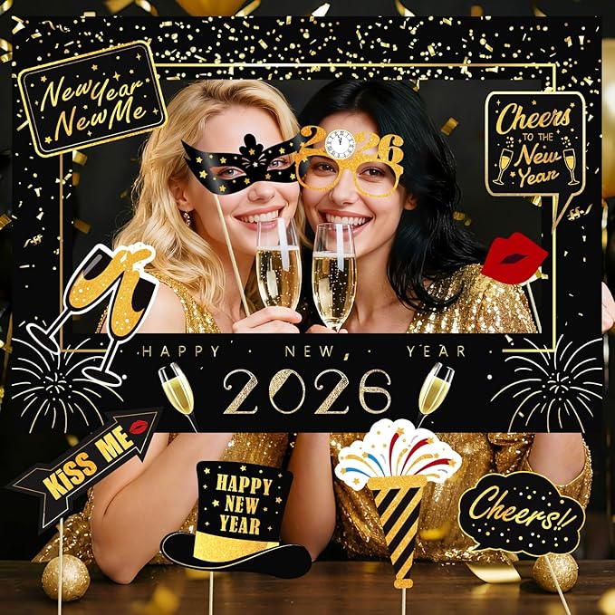 New Years Eve Party Supplies 2026, NYE Photo Booth Props Kit with Glitter Frame, 2026 Glasses & Mustache (Pack of 17)