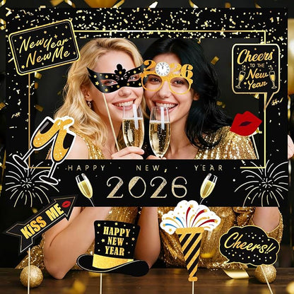 New Years Eve Party Supplies 2026, NYE Photo Booth Props Kit with Glitter Frame, 2026 Glasses & Mustache (Pack of 17)