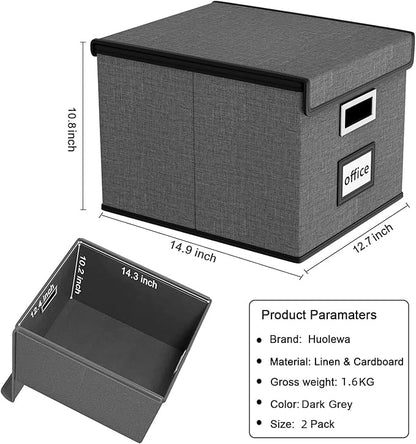 Huolewa File Organizer Boxes with Lids, Linen Office Document Storage Boxes, Filing Boxes, Decorative Small File Boxes for Hanging Files with Plastic Slide for Office/Cabinet/Decor/Home