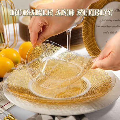 HOMIP 120PCS Clear Gold Plastic Plates, Disposable Party Plates Include 60PCS 10 inch Dinner Plate & 60PCS 7 inch Dessert Plate Perfect for Party Wedding and Holiday