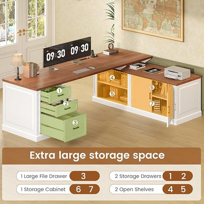 SEDETA Farmhouse L Shaped Desk with Drawers, 70.9" Home Office Desk with Storage Cabinet and Storage Shelves, L Shaped Computer Desk with Power Outlet，White