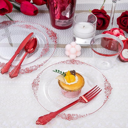 Hioasis 350pcs Clear Red Plastic Plates - Elegant Disposable Dinnerware Set Suitable for 50 Guests Include 10.25" Dinner & 7.5" Dessert Plates, Pre Rolled Silverware Set, Cups for Party & Wedding