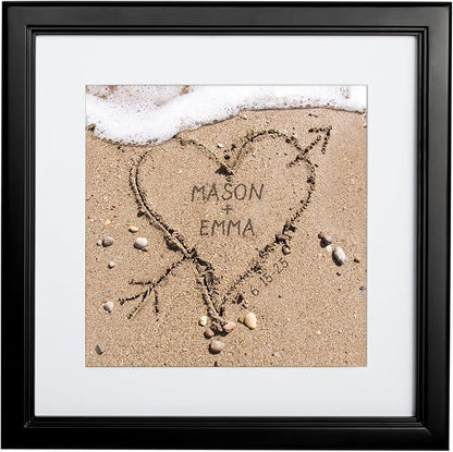 Let's Make Memories Personalized Printed Wall Art For Couples - Engagement, Wedding, Newlyweds, Anniversary - Home Decor - Heart in Sand - Framed Print - 16x16