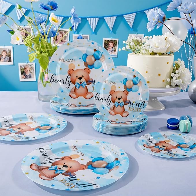 WELLIFE 20PCS We Can Bearly Wait Teddy Bear Plates – Reusable Plastic Dinner & Dessert Plates (10×9.2" + 10×6.3") for Baby Shower, Gender Reveal & Boy Birthday Party