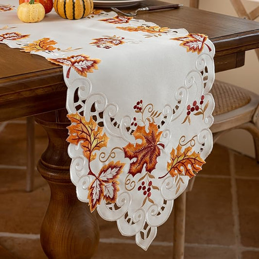 Joyfol Day Thanksgiving Table Runner 14 x 59 Inches, Cutwork Embroidered Maple Leaves Dresser Scarf, Fall Table Runners for Home Kitchen Dining, Autumn Harvest Party Tabletop Decoration