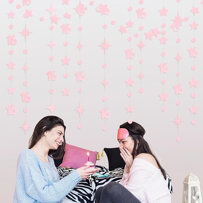 Glitter Pink Number 16 Circle Dot Twinkle Star Garland Hanging Streamer Bunting Banner Backdrop Decorations for Girls Happy 16th Birthday Sweet Sixteen 16th Anniversary Cheers to 16 Years Party Decor