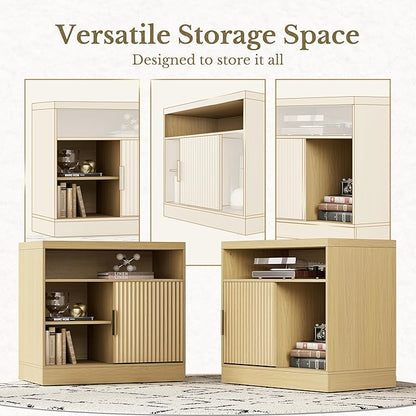 Fluted File Cabinet with Door, 32'' Lateral File Cabinet with Open Adjustable Shelves, Wood Filing Cabinet with Sliding Door for Home Office, Light Walnut
