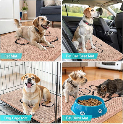 OLANLY Dog Door Mat for Muddy Paws 48x30, Paw Print Design, Absorbs Moisture and Dirt, Absorbent Non-Slip Washable Doormat, Quick Dry Chenille Mud Mat for Dogs, Entry Indoor Entryway Carpet, Peach