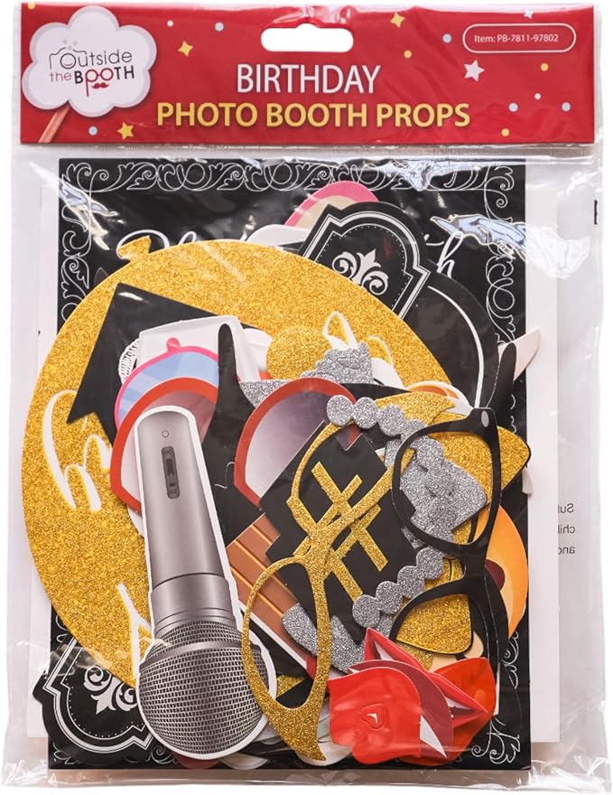Birthday Photo Booth Props - 41-pc Kit with 8 x 10-Inch Sign, 60 Adhesive Pads, 45 Sticks