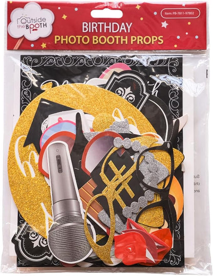 Birthday Photo Booth Props - 41-pc Kit with 8 x 10-Inch Sign, 60 Adhesive Pads, 45 Sticks