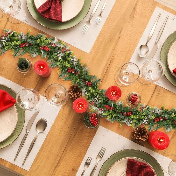 6 Feet Natural Starfish Christmas Garland for Mantle Sea Star Fish Artificial Garland with Lamb's Ear Leaves Pinecone Red Berries for Home Kitchen Cabinet Christmas Tree Farmhouse Porch Fireplace