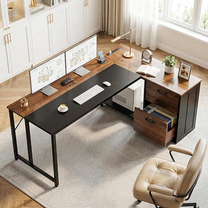 AODK 61" L Shaped Office Desk with Wood Drawers & Lockable File Cabinet, Reversible 21.7" D Corner Computer Desk with Built-in Power Outlets, Executive Desk for Home Office, Walnut