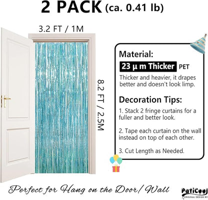 Thicken Blue Streamers 2 Pack 3.2 x 8.2 FT, Light Blue Birthday Decrorations Tinsel Backdrop Curtains, Foil Fringe Photo Backdrop for Baby Shower, Frozen, Under The Sea Party Decorations