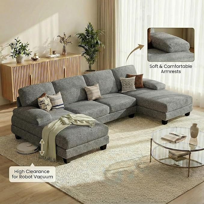Homall Modular Sectional U Shaped Sofa Couches for Living Room, Comfy Loop Yarn 4 Seat Sofa Set with Removable Pillows, Lounge Chaise Upholstered Couch for Apartment (Loop Yarn, Pearl Gray)