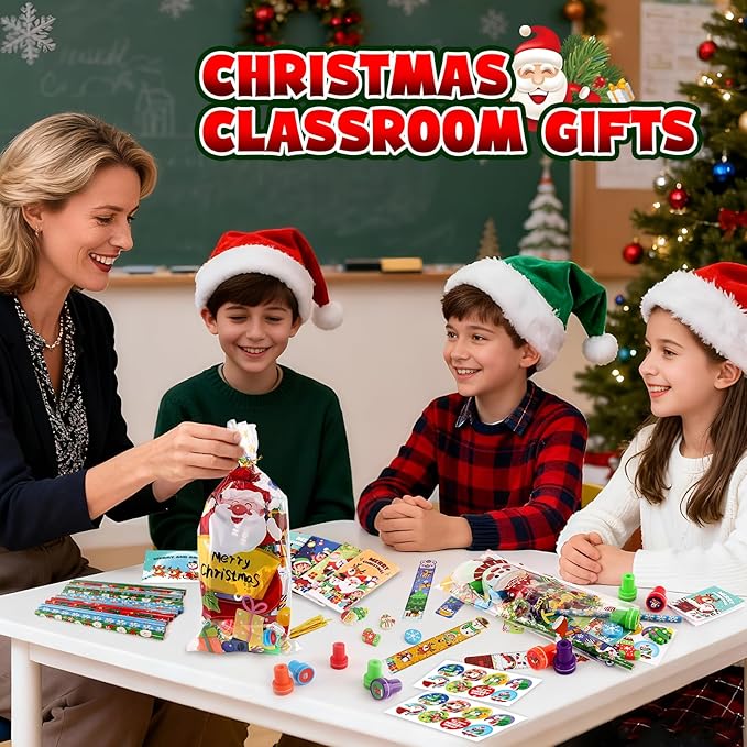 Shemira Classroom Gifts for Students, 192PCS Christmas' School Stationery Set, Christmas Party Favors, Assorted Goodie Bag Stocking Stuffers, Xmas Gifts Toys Reward Prizes for Kids