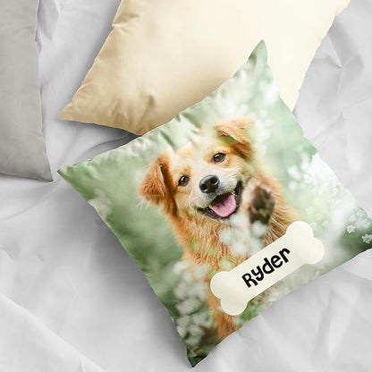 Custom Pet Photo Pillow Cover 16x16 Inch – Personalized Dog or Cat Pillow with Name in Bone Shape, Pet Picture Cushion, Custom Throw Pillowcase, Gift for Dog Lovers, Pet Owners, Animal Lovers
