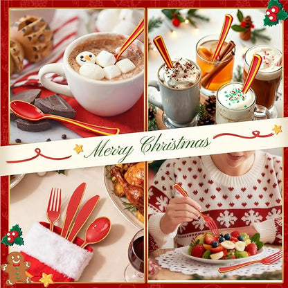 WDF 180 Pieces Red and Gold Plastic Silverware - Disposable Christmas Utensils Include 60 Forks, 60 Knives and 60 Spoons - Heavy Duty Red Plastic Cutlery - for Christmas/Party