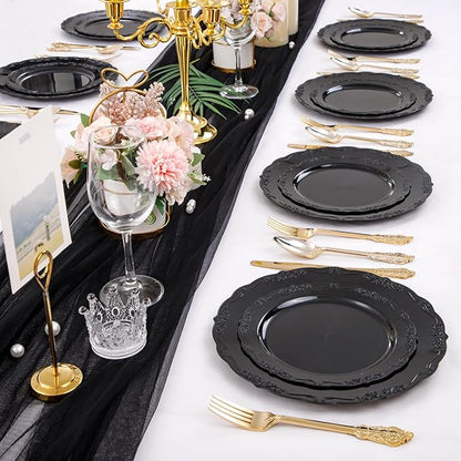 U-QE 100PCS Black Plastic Plates, Heavy Duty Black Disposable Plates Including 50PCS 10'' Dinner Plates & 50PCS 7.5'' Dessert Plate - Hard Plastic Plate for Party Wedding Bridal Shower
