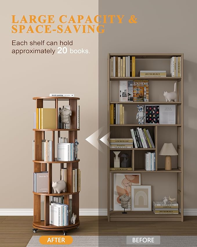 4-Tier Solid Wood Rotating Bookshelf on Wheels, 360° Spinning Book Shelf Tower, Round Revolving Bookcase Organizer, Rolling Bookshelves for Small Spaces, Corner, Bedroom, Kids Room, Office, Walnut