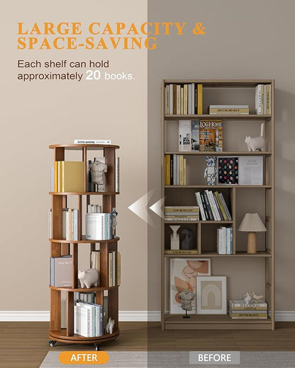 4-Tier Solid Wood Rotating Bookshelf on Wheels, 360° Spinning Book Shelf Tower, Round Revolving Bookcase Organizer, Rolling Bookshelves for Small Spaces, Corner, Bedroom, Kids Room, Office, Walnut