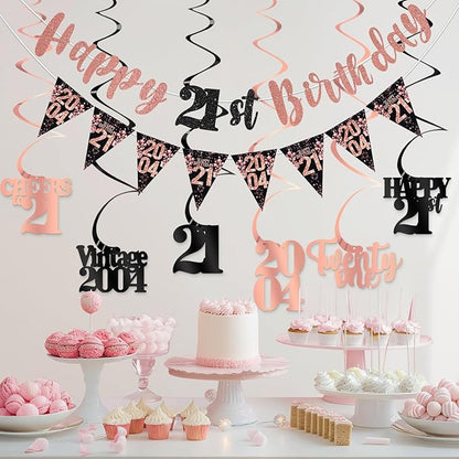 21st Birthday Decorations for Her, Black Rose Gold Happy 21st Birthday Banner Hanging Swirls Vintage 2004 Decorations Kit Cheers to 21 Party Supplies