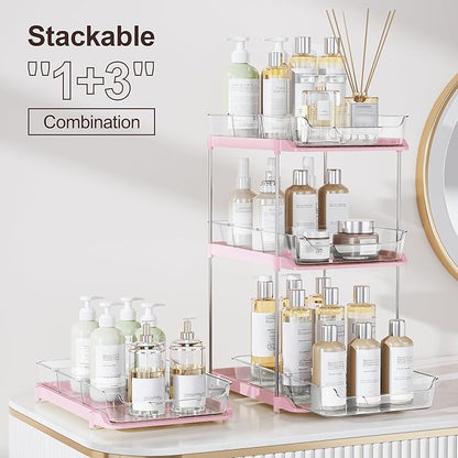 Delamu 2-Tier Multi-Purpose Bathroom Under Sink Organizers and Storage, Stackable Kitchen Pantry Organization, Pull Out Medicine Cabinet Organizer with Movable Dividers, Pink, 2 Pack