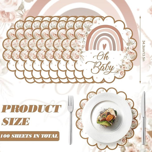 100 Pcs Boho Rainbow Baby Shower Decorations 13.5" Scalloped Boho Rainbow Paper Placemats Disposable Boho Table Place Mats for Pink Birthday Party Supplies Kitchen Table Decor