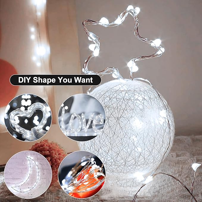 Fairy Lights,Silver Wire String Lights Waterproof,Battery Operated 7FT 20LED Firefly Starry Moon Lights for DIY Christmas Wedding Party Bedroom Decor (White, 8 Pack)
