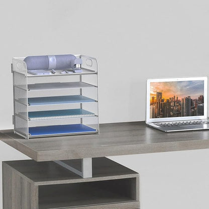 Letter Tray Paper Organizer 5-Tier Desk Organizer File Organizer Paper Holder with Handle, Metal Desktop Document Shelf Tray Office Classroom Organization - Silver