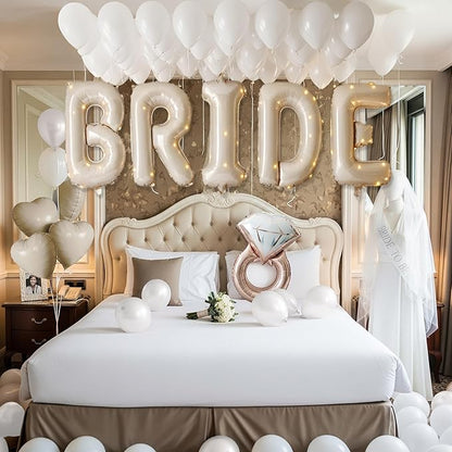 Cream White Bridal Shower party decorations with huge 40 Inch BRIDE letter Pearl Balloons BRIDE to be Sash Bridal Veil and Diamond Ring Heart shape Balloons For Bachelorette party Wedding supplies