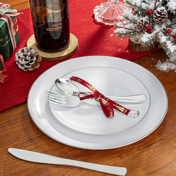 KIRE 200PCS Silver Plastic Plates - White Plastic Plates with Silver Rim Include 100 Dinner Plate and 100 for Dessert/Salad Plate for Birthday/Wedding/Party for Christmas