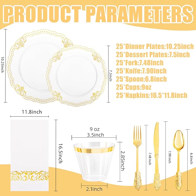 Ciaell 175 PCS White and Gold Plastic Plates - Fancy Gold Disposable Dinnerware Set with of 50 Plastic Plates, 25 Knives, 25 Forks, 25 Spoons, 25 Cups, 25 Napkins for Wedding, Party &Thanksgiving