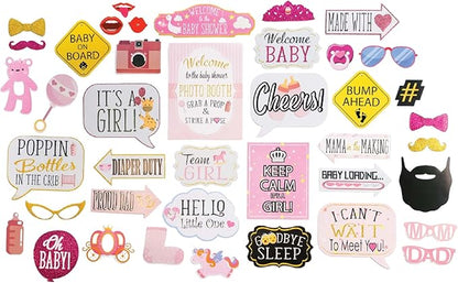 Girl Baby Shower Photo Booth Props - 41-pc Photobooth Kit with 8 x 10-Inch Sign, 60 Adhesive Pads, 45 Sticks - Baby Photo Booth Props Girl - Photo Props for Baby Shower