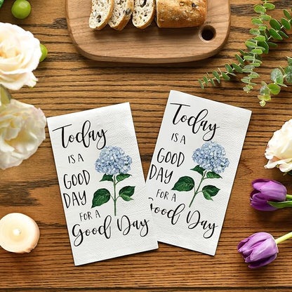 Horaldaily 100 Disposable Paper Decorative Guest Napkins, Blue Hydrangea Good Day Celebration Hand Towel for Party Lunch Dinner Kitchen Bathroom