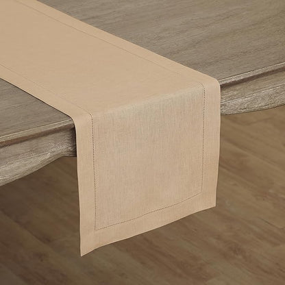 Solino Home Linen Beige Table Runner 108 Inches Long - 100% Pure Linen 14 x 108 Inch Table Runner for Fall, Autumn, Christmas, New Year - Classic Hemstitch