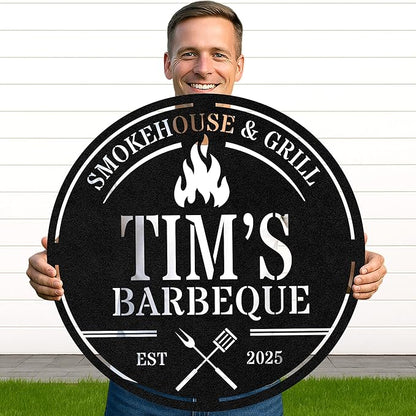 Rustic BBQ Pavilion Metal Sign, Custom Grill Name Cut Wall Art for Outdoor Patio, Personalized Backyard Barbecue Decor