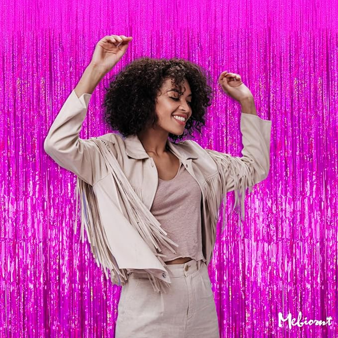 4 Pack 3.2Ft x 8.2Ft Fuchsia Fringe Curtain Backdrop, Sparkle Metallic Tinsel Foil Fringe Streamers Background for Photo Booth Birthday Wedding Baby Shower Halloween Christmas Party Decorations