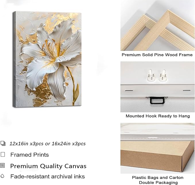 3Pcs Abstract Golden White Flower Canvas Wall Art Boho Gold Foil Blossom Oil Painting 2D Plane Textured Floral Wall Decor Nordic lily Posters Prints for Living Room Bedroom Office Pictures Framed