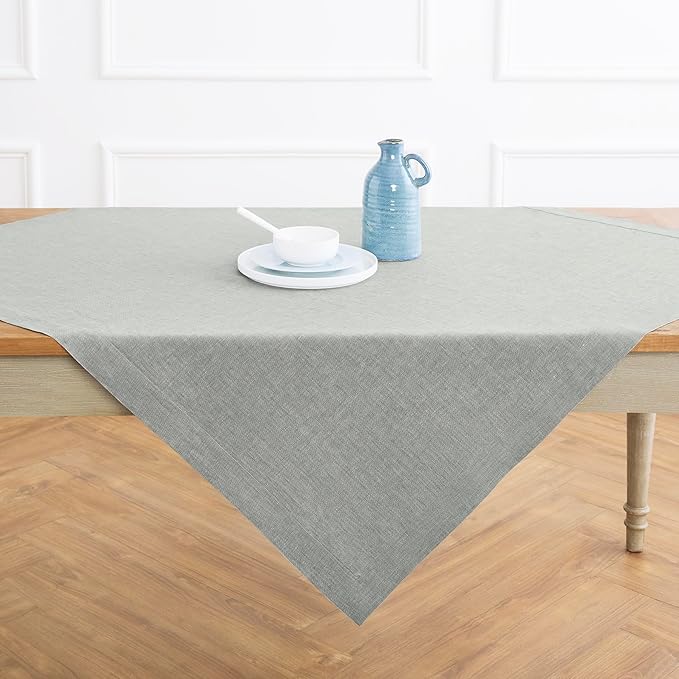 Solino Home Linen Cloth Tablecloth 52 x 52 Inch - 100% Pure Linen Chambray Grey Square Tablecloth - Athena, Machine Washable Table Throw for Fall, Autumn